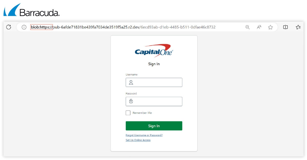 Página de phishing de URI de Blob