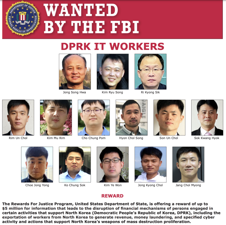 Cartaz de procurado do FBI mostrando trabalhadores de TI da RPDC, via PCMag