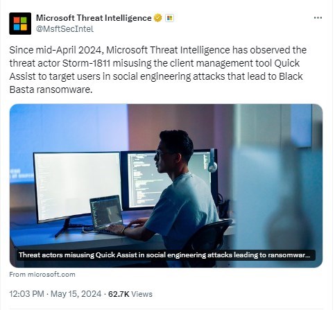 Tweet da Microsoft Security Intelligence sobre Storm-1811 e Quick Assist 