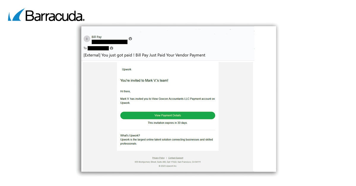 Exemplo de um ataque de email que se faz passar pela UpWork