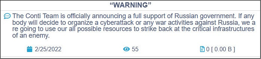 Conti expressando seu apoio à Rússia, via BleepingComputer