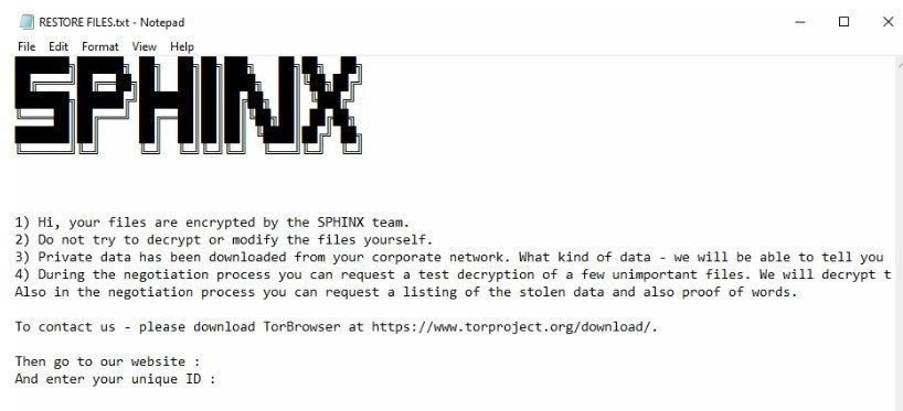 Nota de resgate do Sphinx, via Trend Micro
