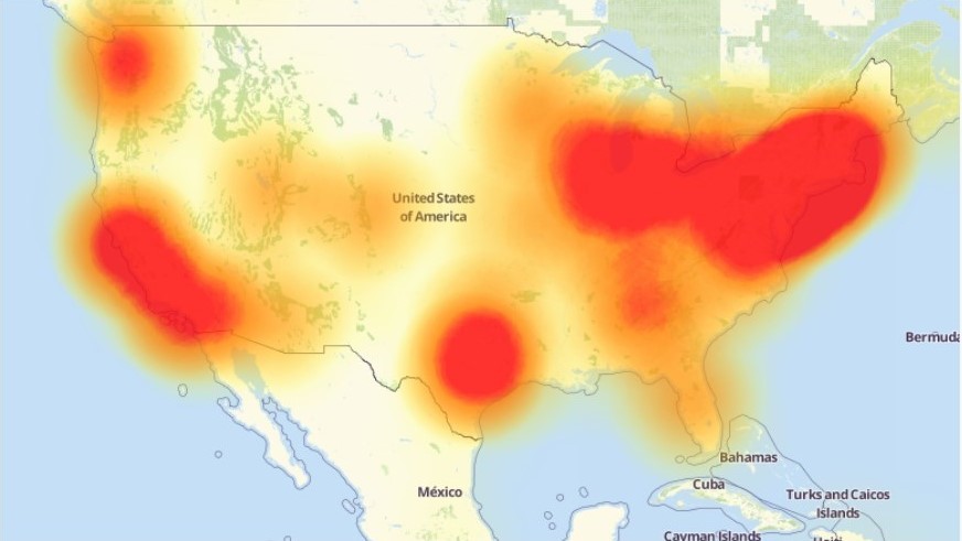 Mapa do Down Detector mostrando falhas devido ao ataque de botnet à Dyn DNS