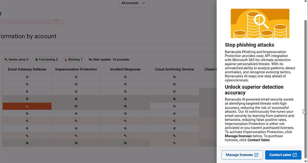 Vista do painel do alerta de licença em falta do Email Gateway Defense (à esquerda) e as opções de licenciamento disponíveis para MSPs (à direita). Os clientes que não são MSPs teriam a opção de iniciar uma versão de teste gratuita nesta funcionalidade.