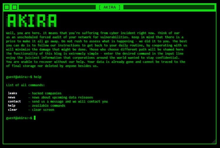 Captura de ecrã do site de vazamento de dados Akira