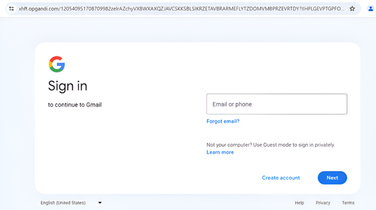 Exemplo de uma página de login falsa do Google