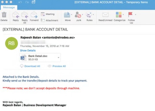 Email de phishing Cl0p inicial a entregar um documento com macros ativadas
