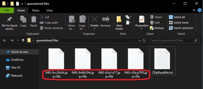 Ficheiros encriptados Cl0p num desktop
