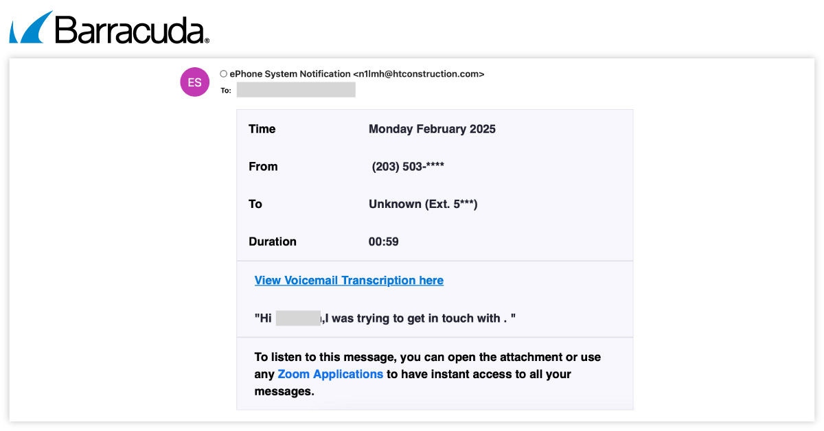Exemplo de phishing baseado em correio de voz