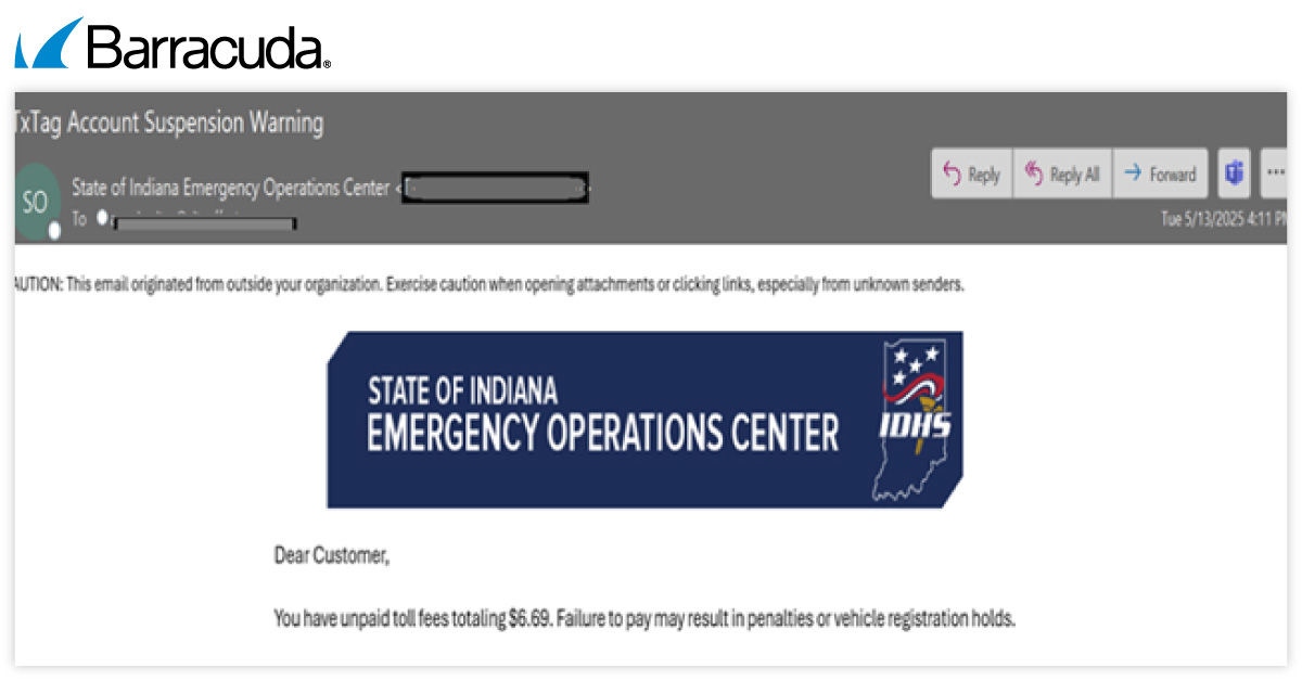 Exemplo de um email de phishing que se faz passar por uma agência de portagens