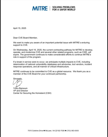 Carta do MITRE sobre financiamento do programa CVE