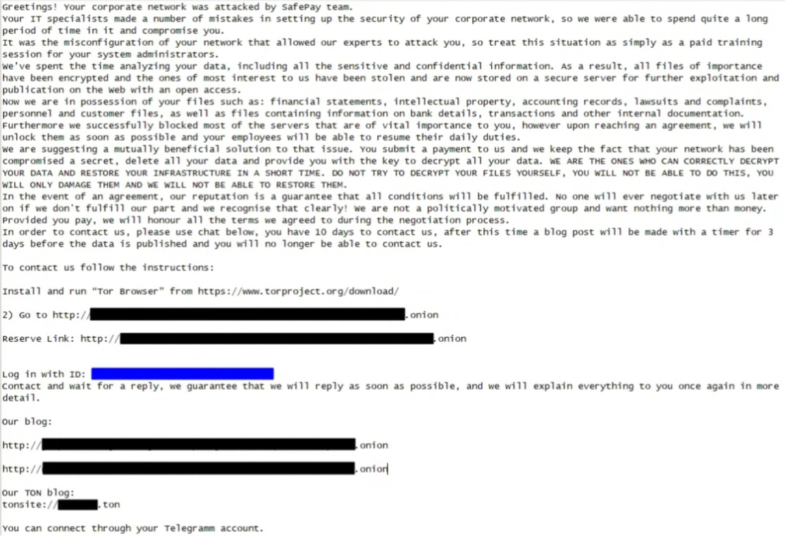 Nota de resgate do SafePay, via DCSO 