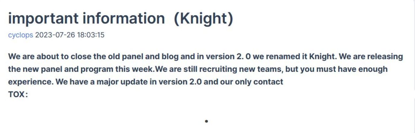 Anúncio do Cyclops sobre a rebranding para Knight, via SuspectFile.com 