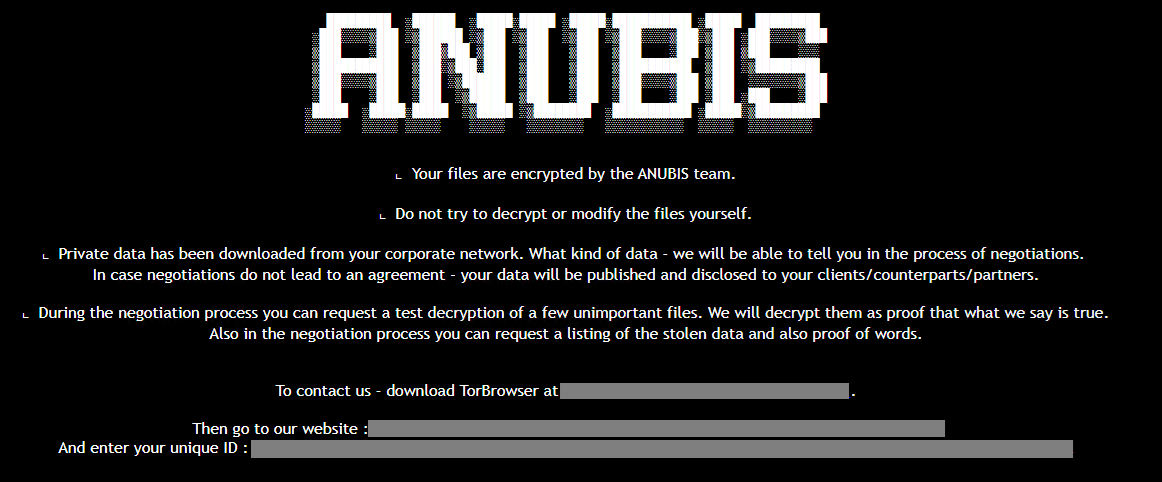 Nota de resgate Anubis, via Trend Micro