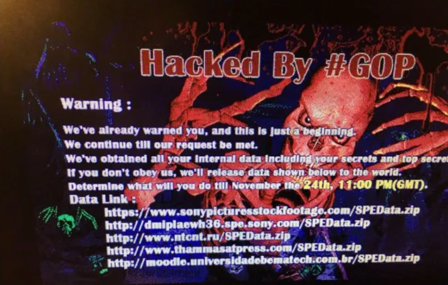 Uma foto de um ecrã mostrando o que parece ser a página de abertura com o crânio que apareceu nos computadores da empresa Sony quando o ataque começou, publicada por alguém que disse ser um ex-funcionário da Sony que recebeu a imagem de funcionários atuais da Sony. A imagem foi publicada pela primeira vez no Reddit. Via Wired