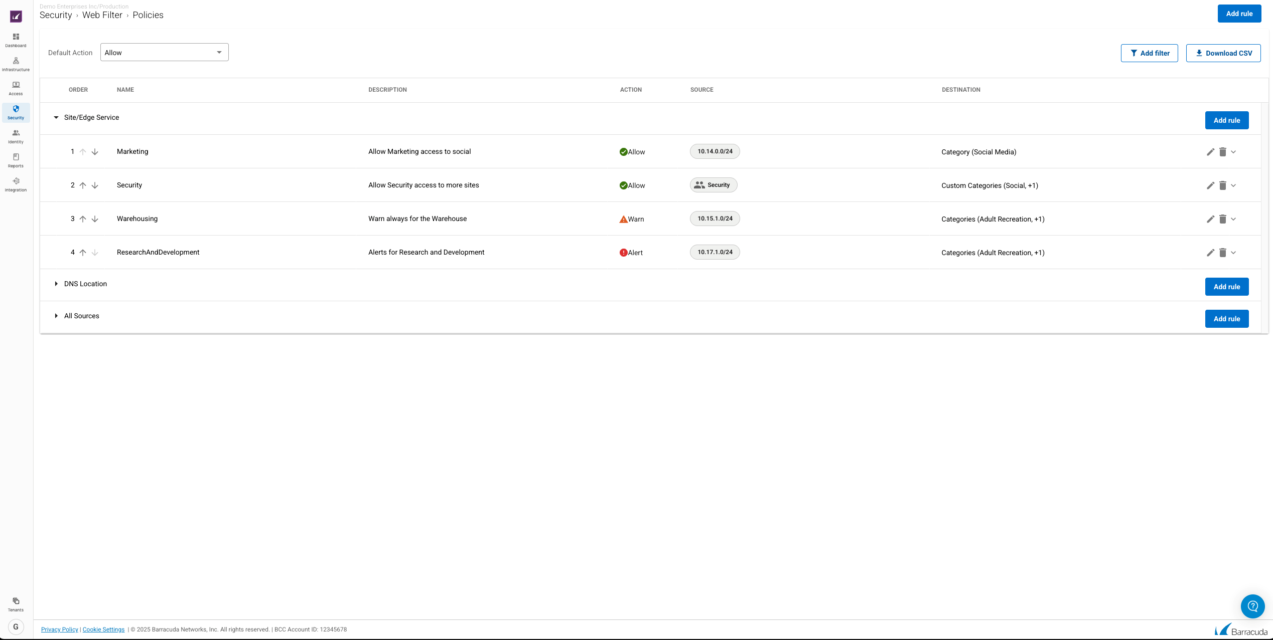 Política de segurança do Barracuda Web Filter