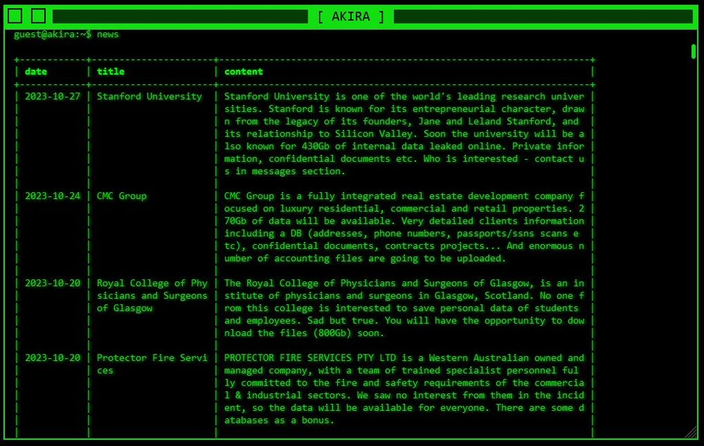 Site de vazamento Akira com a Universidade de Stanford listada no topo, via Bitdefender. 