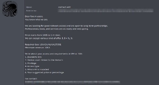 Publicação de Medusa em fórum de cibercrime solicitando &quot;bom acesso à rede&quot; para alvos em &quot;USA/CA/AU/UK/IT/DE&quot;