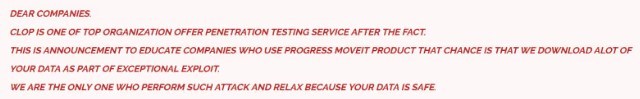 Publicação no site de vazamentos do Cl0p referenciando o software Progress MOVEit