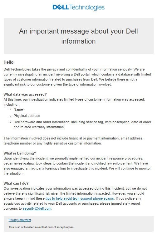 Notificação por email da Dell sobre violação de dados