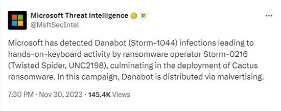 Publicação da Microsoft Threat Intelligence sobre Cactus