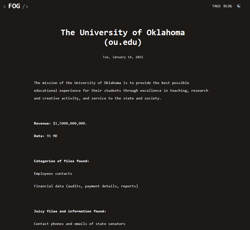 A Universidade de Oklahoma aparece no site de vazamentos Fog, via DarkWebInformer