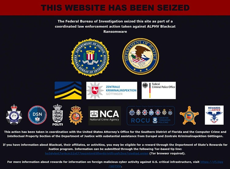 Página de apreensão do FBI em servidores ALPHV