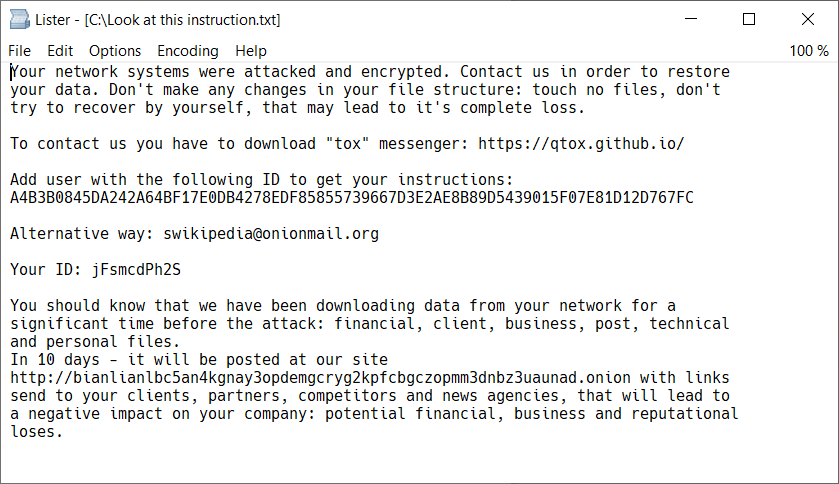 nota de resgate BianLian