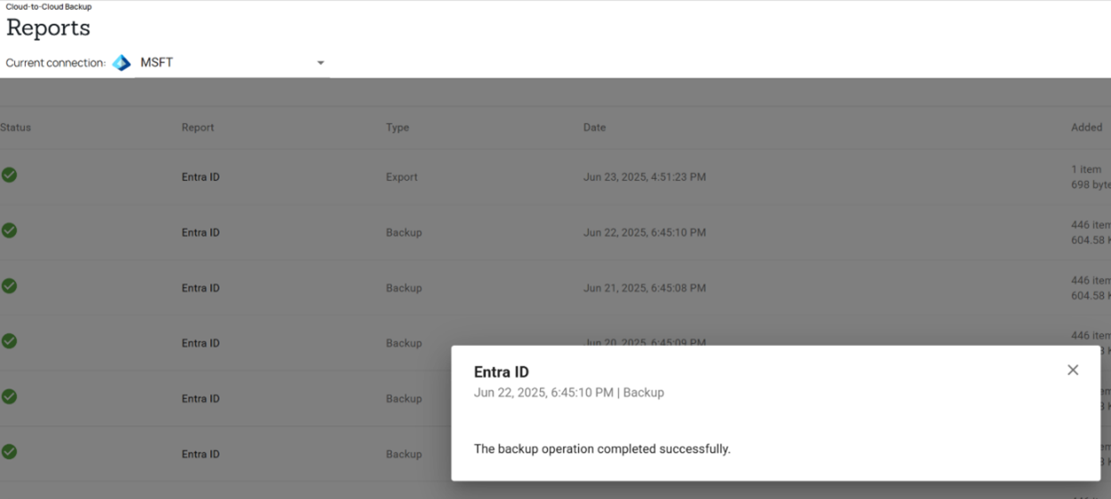 Notificação de backup bem-sucedido do Barracuda Entra ID Backup Premium