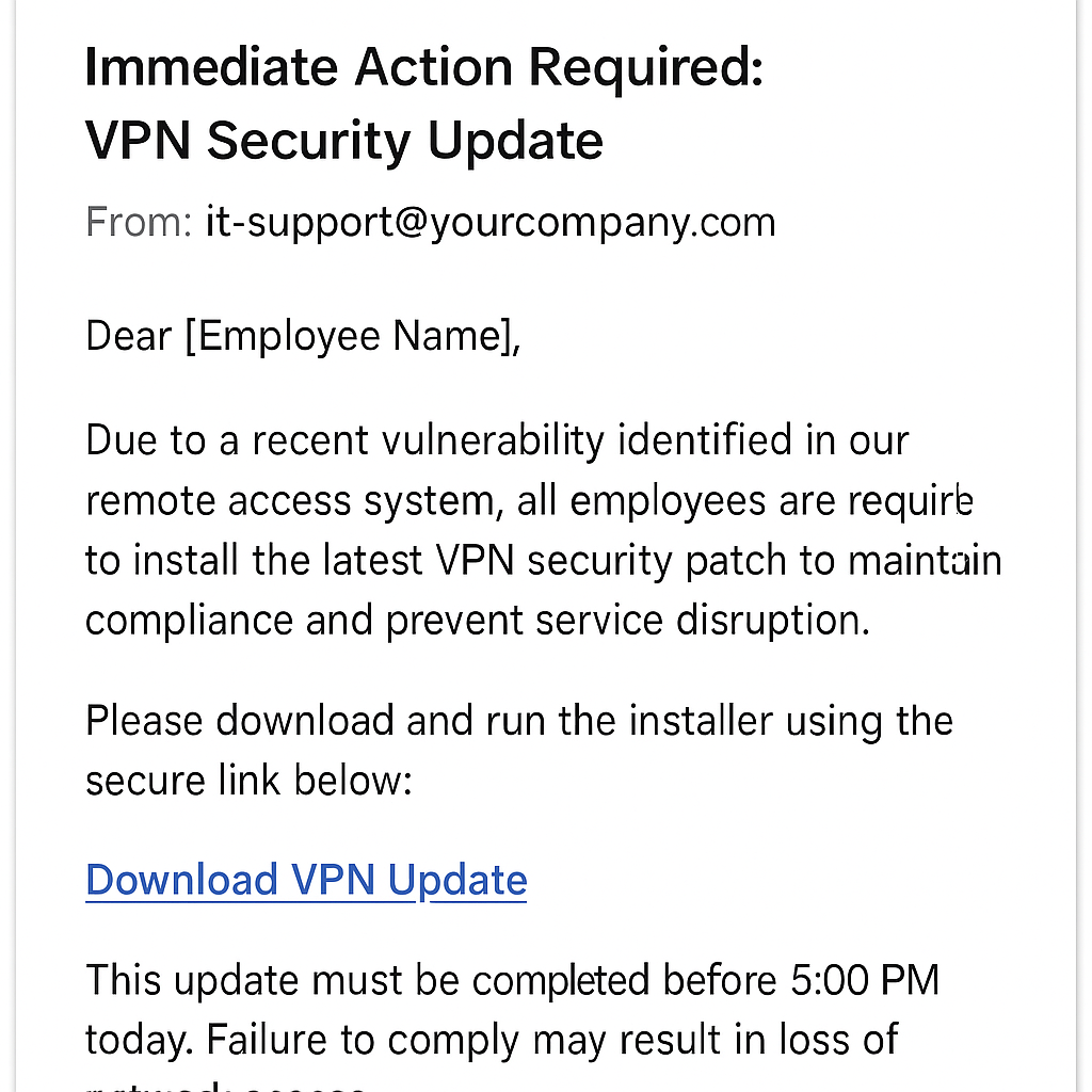 E-mail de phishing de nevoeiro - atualização falsa de VPN (mockup)
