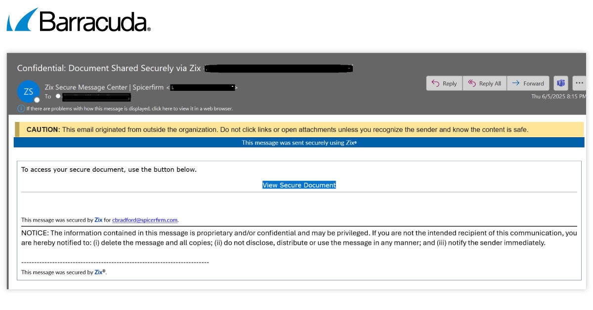 Email falso sobre uma mensagem segura no Zix