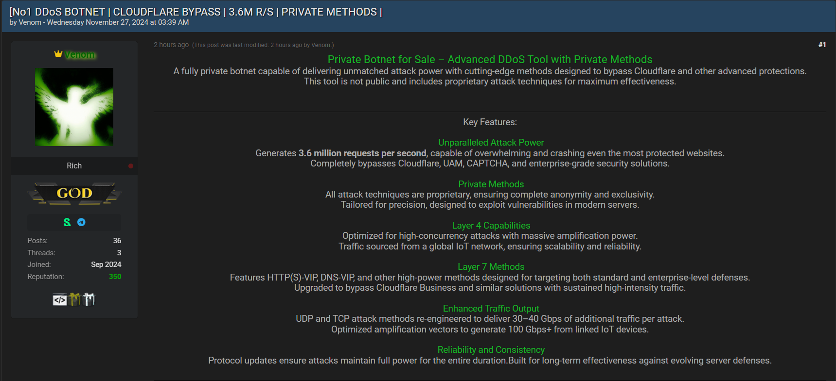 Post no Breachforums a anunciar a venda de uma botnet privada com capacidades avançadas de DDoS 