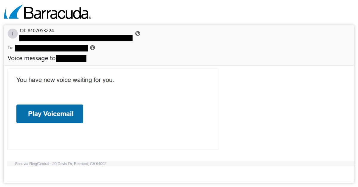 Email de phishing a personificar notificação de correio de voz RingCentral