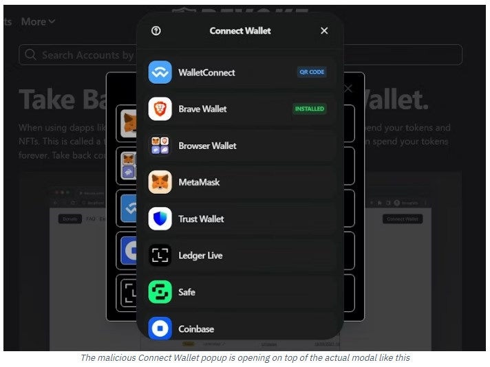 Ilustração - Popup de dreno de carteira de criptomoeda projetado para roubar ativos da carteira de um visitante