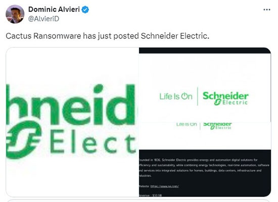 A Schneider Electric listada no site de vazamento de ransomware Cactus