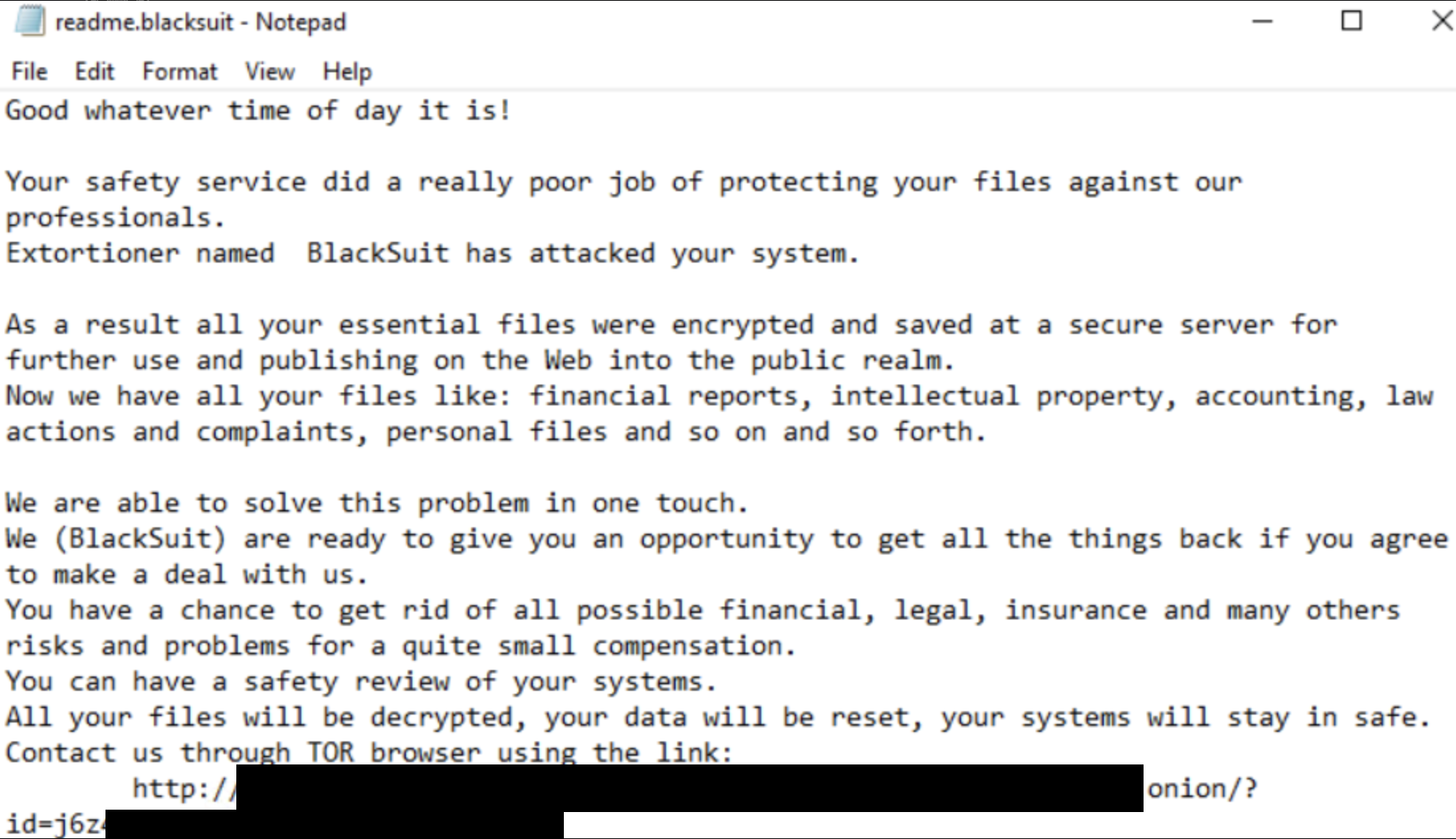Nota de ransomware BlackSuit, via The DFIR Report