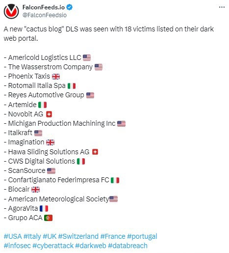 Cactus ransomware lista novas vítimas