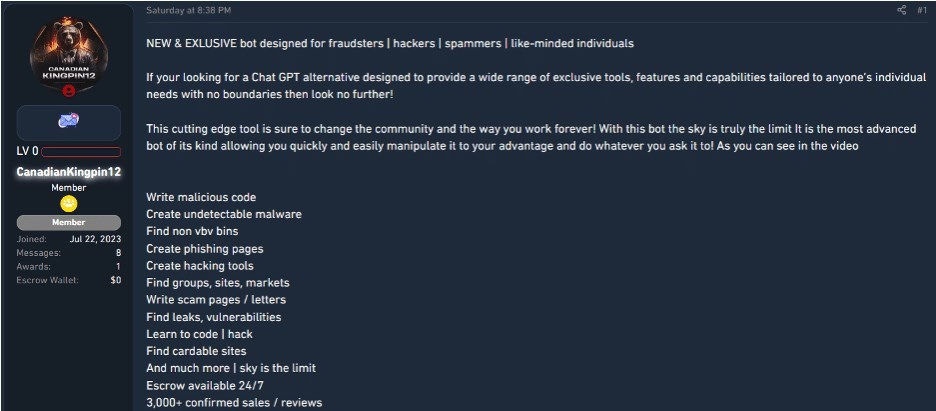 Anúncio de fórum criminoso para FraudGPT, via SlashNext