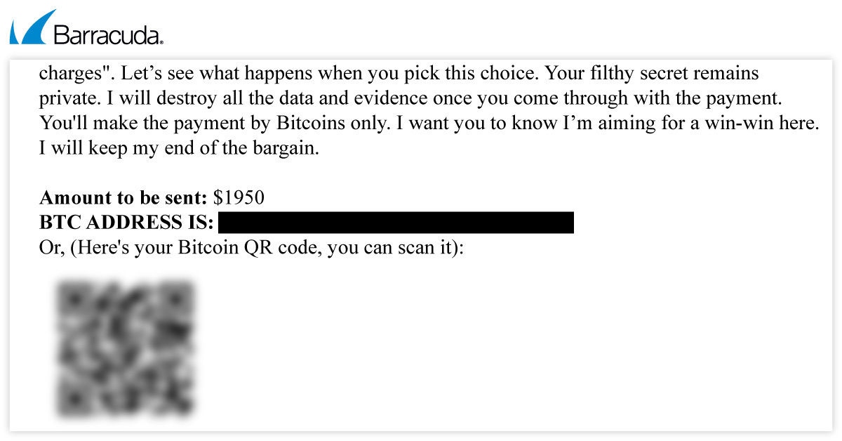 Exemplo de um e-mail de extorsão sexual que inclui um código QR para pagamento
