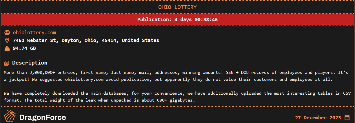 A Ohio Lottery é publicada no site de vazamentos DragonForce, via FalconFeeds.