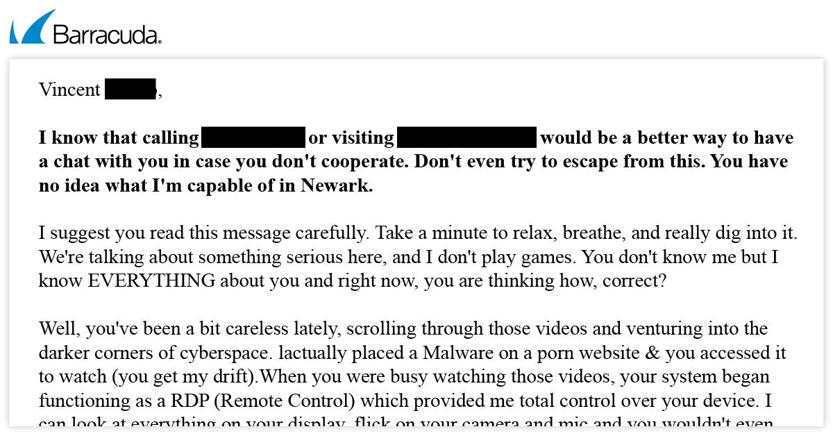Exemplo de e-mail de extorsão sexual com personalização