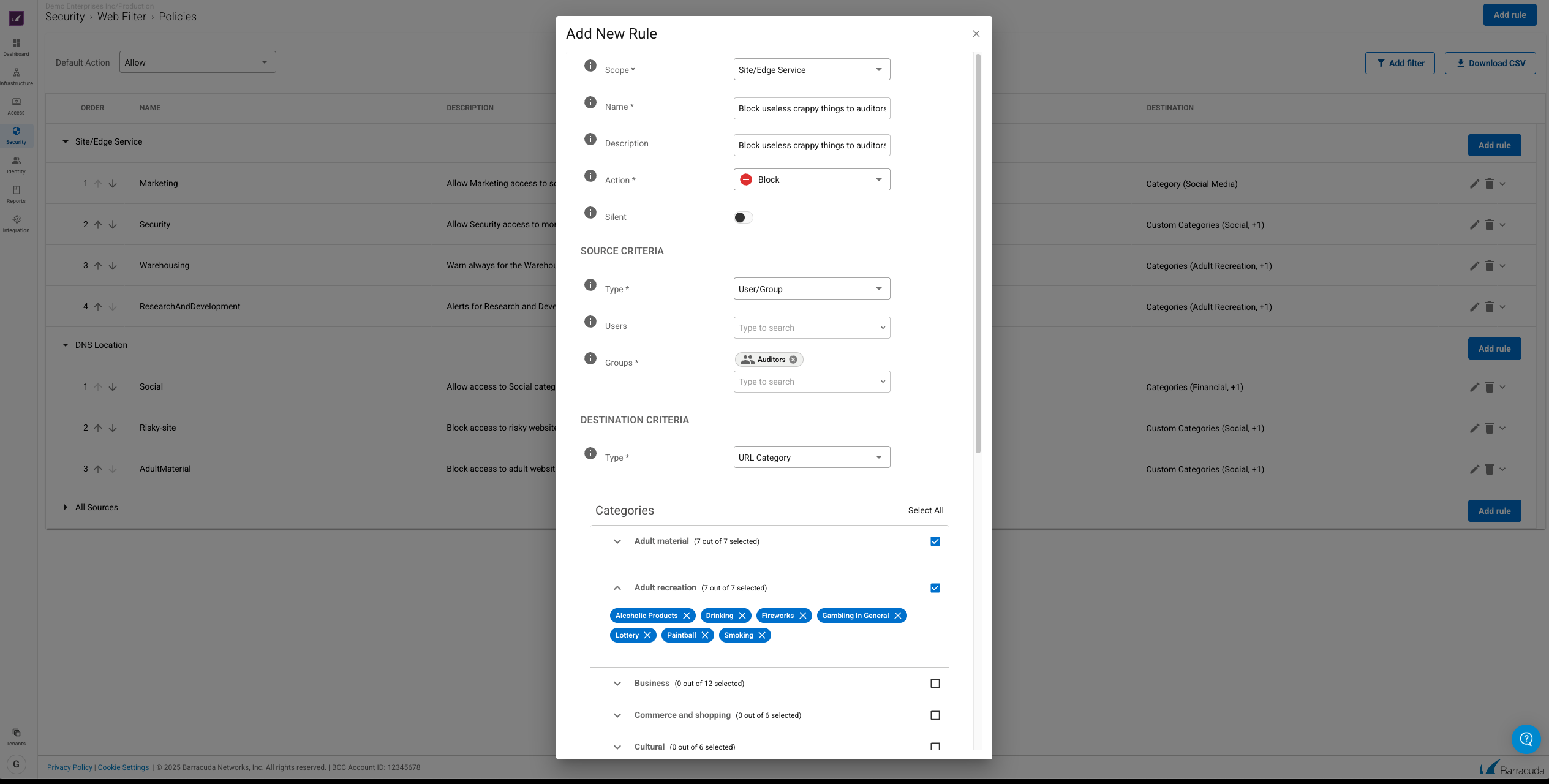 Interface de nova regra do Barracuda Web Filter
