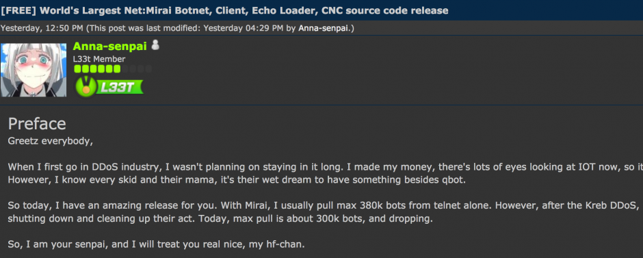 Fuga do código-fonte do Mirai no Hackforums, via KrebsOnSecurity
