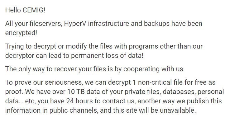 Nota de resgate parcial deixada para a CEMIG, via MalwareBytes